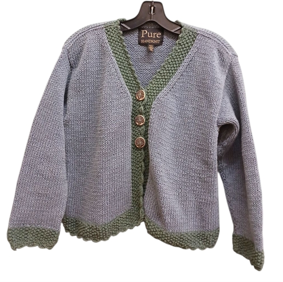 Pure Handknit Chunky Knit Blue Button Down Cardigan With Green Trim Medium/Large - Picture 1 of 8